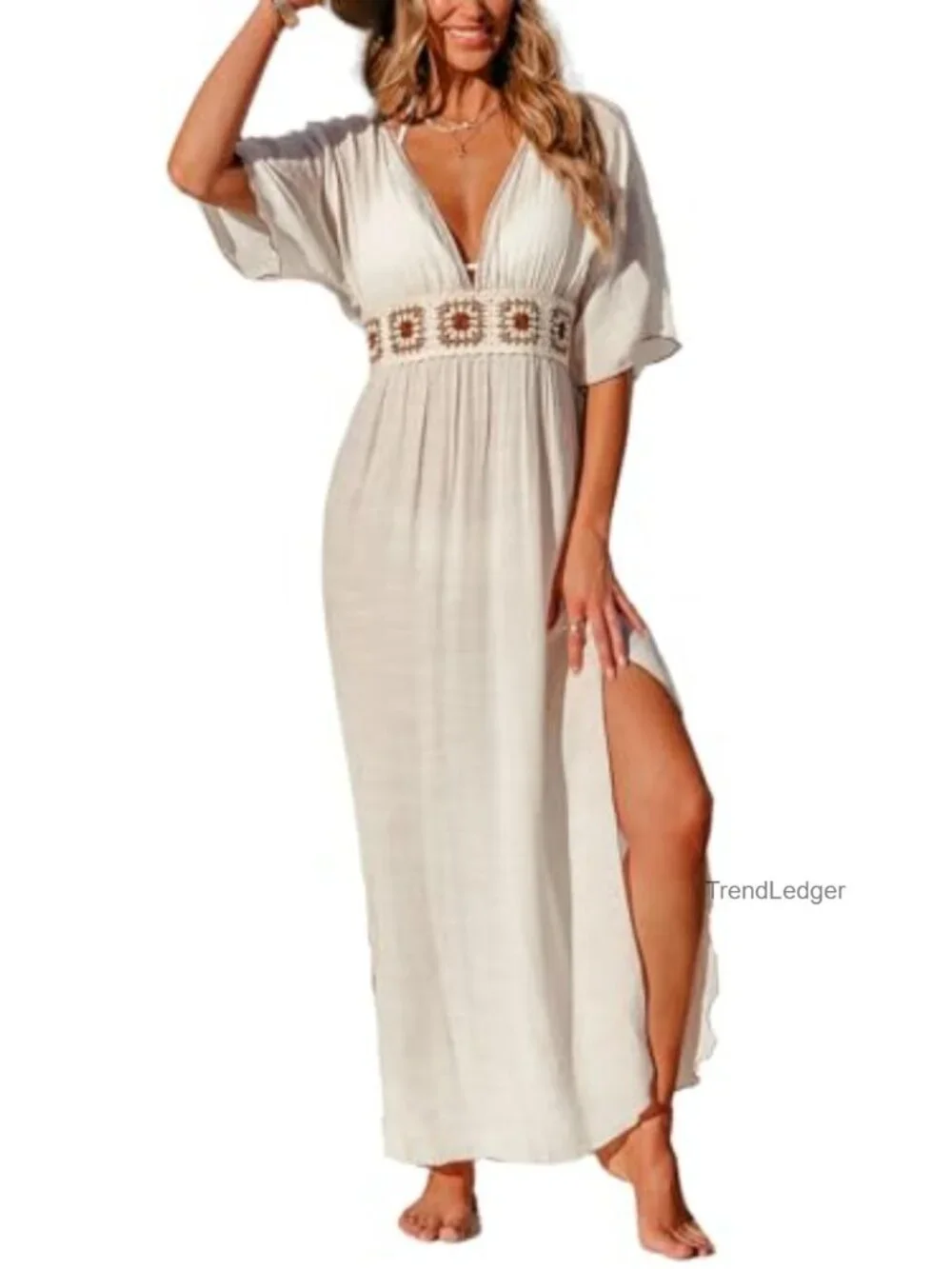 V Neck Half Sleeve Maxi Swim Coverup Dress with Split Hem